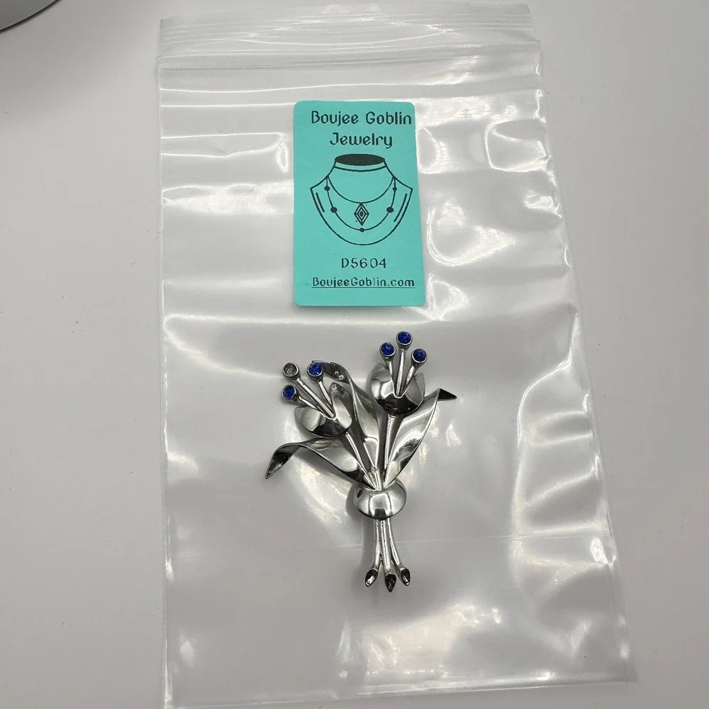 VTG Y2K Silver Tone Blue Rhinestone Floral Brooch Pin Women's Jewelry
